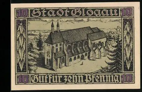 Notgeld Glogau 1920, 10 Pfennig, Kirche und Herzog Konrad mit Schwert, Seriennummer und Wappen