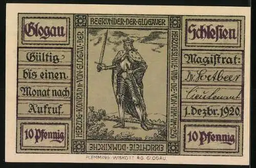 Notgeld Glogau 1920, 10 Pfennig, Kirche und Herzog Konrad mit Schwert, Seriennummer und Wappen