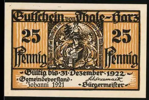 Notgeld Thale 1921, 25 Pfennig, Hexentanzplatz-Motiv mit Dämonen und Hexen, Wappen und Instrumente