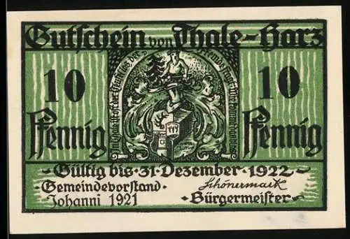 Notgeld Thale 1921, 10 Pfennig, Wappen mit Löwen und Felsenlandschaft mit Figuren und Tieren