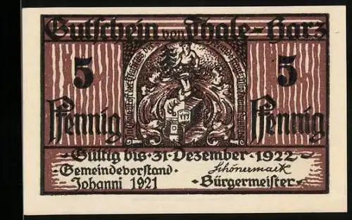 Notgeld Goslar 1921, 5 Pfennig, Wappen mit Löwe und Fachwerkhaus, Seriennummer und Bergtheater-Motiv