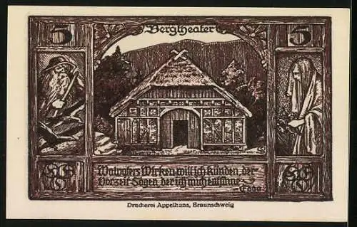 Notgeld Goslar 1921, 5 Pfennig, Wappen mit Löwe und Fachwerkhaus, Seriennummer und Bergtheater-Motiv