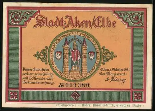 Notgeld Aken / Elbe 1921, 50 Pfennig, Cöthener Tor und Elbtor, Stadtwappen, Nr. 001380