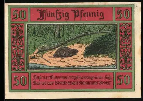 Notgeld Aken / Elbe 1921, 50 Pfennig, Biber am grünen Holz, Stadttor mit Figur, Nr. 011189