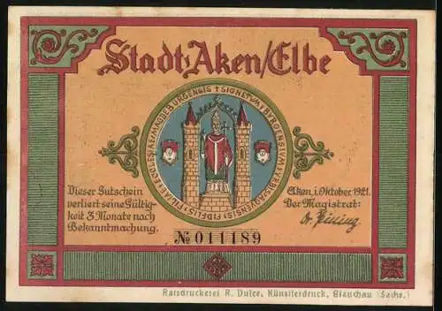 Notgeld Aken / Elbe 1921, 50 Pfennig, Biber am grünen Holz, Stadttor mit Figur, Nr. 011189