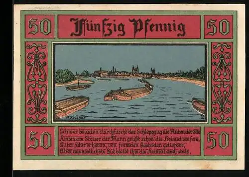 Notgeld Aken / Elbe 1921, 50 Pfennig, Elbe mit Binnenschiffen, Stadtwappen mit Türmen, Seriennummer 004880