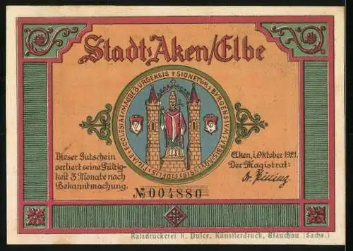 Notgeld Aken / Elbe 1921, 50 Pfennig, Elbe mit Binnenschiffen, Stadtwappen mit Türmen, Seriennummer 004880