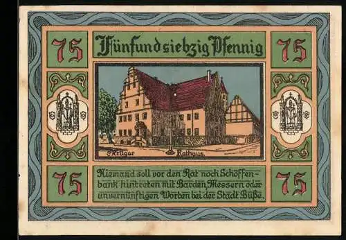 Notgeld Aken / Elbe 1921, 75 Pfennig, Rathaus und Stadtwappen, Seriennummer 013396