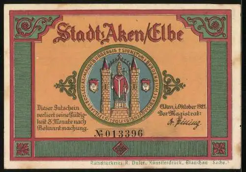 Notgeld Aken / Elbe 1921, 75 Pfennig, Rathaus und Stadtwappen, Seriennummer 013396