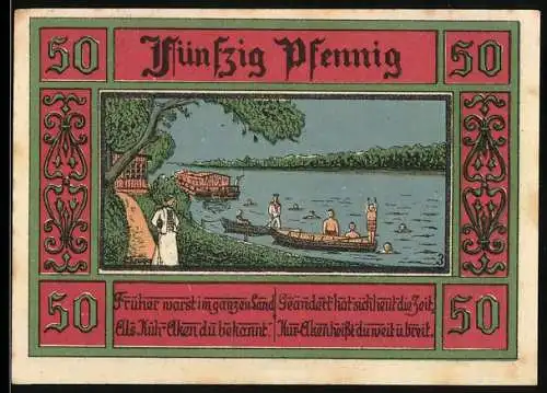 Notgeld Aken / Elbe 1921, 50 Pfennig, Flussszene mit Booten und Badenden, Stadtwappen, Seriennummer 008277