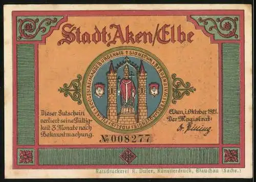 Notgeld Aken / Elbe 1921, 50 Pfennig, Flussszene mit Booten und Badenden, Stadtwappen, Seriennummer 008277