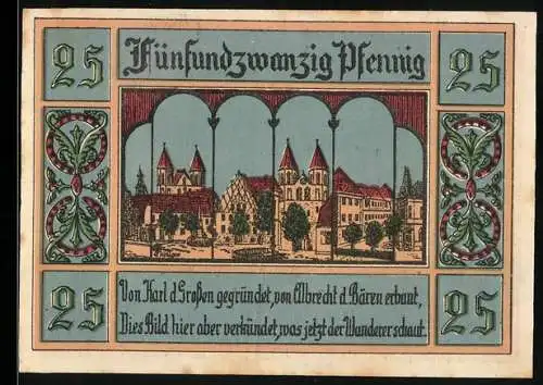 Notgeld Aken / Elbe 1921, 25 Pfennig, Stadtansicht und Stadtwappen, Seriennummer 016364