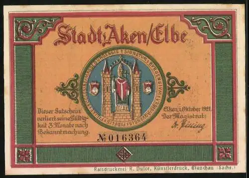 Notgeld Aken / Elbe 1921, 25 Pfennig, Stadtansicht und Stadtwappen, Seriennummer 016364