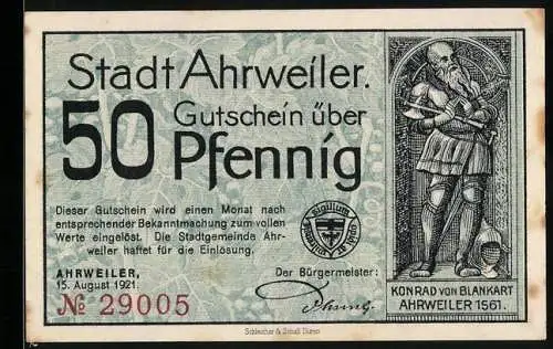 Notgeld Ahrweiler 1921, 50 Pfennig, Konrad von Blankart und Stadtansicht mit Reitern und Weinbergen