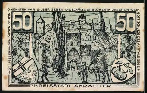 Notgeld Ahrweiler 1921, 50 Pfennig, Konrad von Blankart und Stadtansicht mit Reitern und Weinbergen