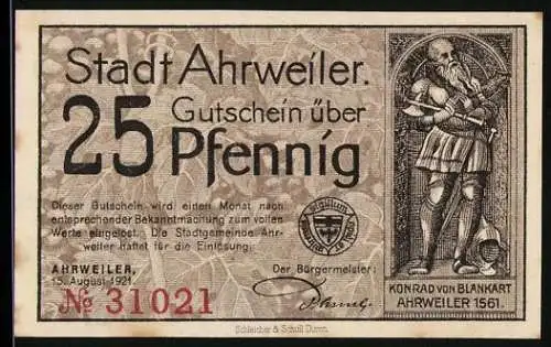 Notgeld Ahrweiler 1921, 25 Pfennig, Konrad von Blankart, Stadtansicht, Ser.Nr. 31021, Wappen enthalten