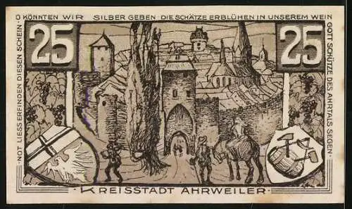 Notgeld Ahrweiler 1921, 25 Pfennig, Konrad von Blankart, Stadtansicht, Ser.Nr. 31021, Wappen enthalten