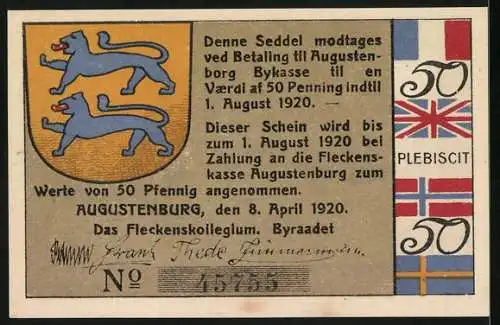 Notgeld Augustenburg 1920, 50 Pfennig, zwei Löwen im Wappen, Baum mit Jahreszahl 1676, Flaggenmotive, Seriennummer 45755