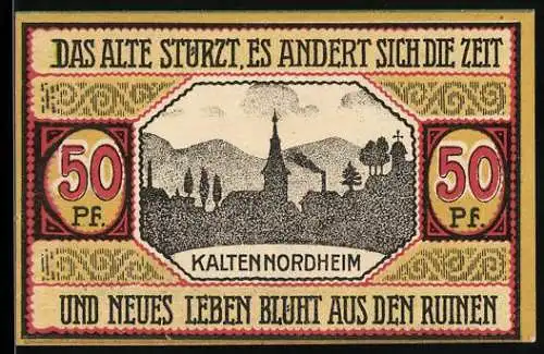 Notgeld Kaltennordheim 1920, 50 Pfennig, Stadtansicht und Spruch, Seriennummer 17687, Wappen