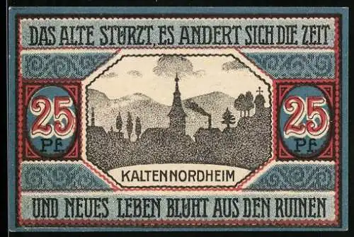 Notgeld Kaltennordheim 1920, 25 Pfennig, Stadtsilhouette, Spruchband, Seriennummer, Wappen