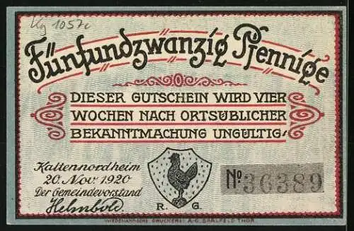 Notgeld Kaltennordheim 1920, 25 Pfennig, Stadtsilhouette, Spruchband, Seriennummer, Wappen