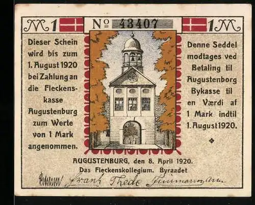 Notgeld Augustenburg 1920, 1 Mark, Gebäude und Glockenmotiv, Seriennummer 43407