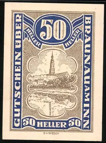 Notgeld Braunau am Inn 1920, 50 Heller, Stadtansicht mit Kirche, Wappen und Text