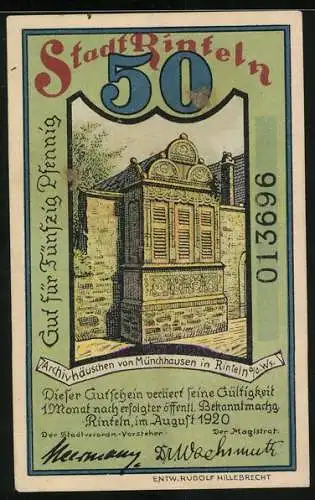 Notgeld Rinteln 1920, 50 Pfennig, Münchhausen auf Kanonenkugel, Archivhäuschen, Seriennummer 013696