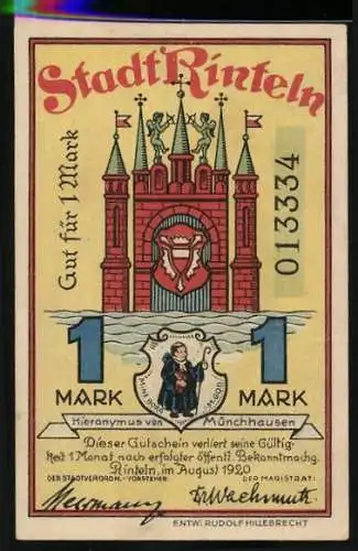 Notgeld Rinteln 1920, 1 Mark, Stadtwappen und Münchhausen auf Pferd im Sumpf, Seriennummer 013334