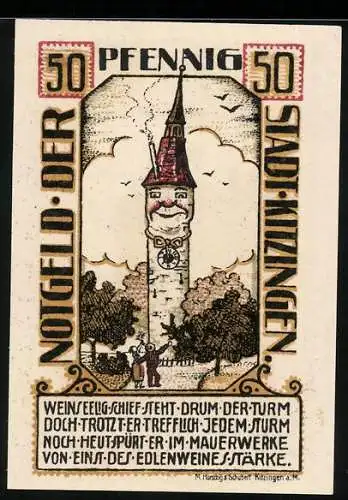 Notgeld Kitzingen 1921, 50 Pfennig, schiefer Turm mit Gesicht, Bauarbeiten, Seriennummer 08727, Stadtwappen