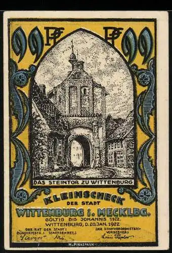 Notgeld Wittenburg 1922, 99 Pfennig, Steintor-Motiv, Stadtwappen, historische Szenen und Text