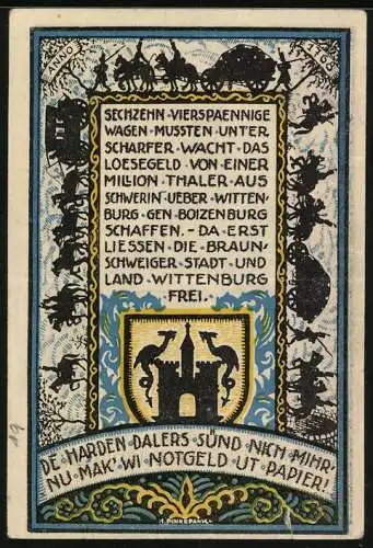 Notgeld Wittenburg 1922, 99 Pfennig, Steintor-Motiv, Stadtwappen, historische Szenen und Text