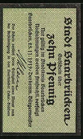 Notgeld Saarbrücken 1919, 10 Pfennig, Stadtkreis mit Turmmotiv