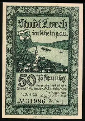 Notgeld Lorch 1921, 50 Pfennig, Stadtansicht und Bergsturz-Motiv, Seriennummer 31986, Wappen vorhanden