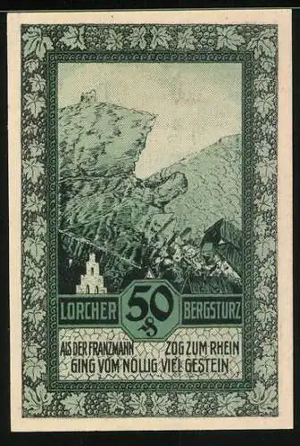Notgeld Lorch 1921, 50 Pfennig, Stadtansicht und Bergsturz-Motiv, Seriennummer 31986, Wappen vorhanden