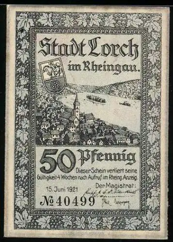 Notgeld Lorch 1921, 50 Pfennig, Stadtansicht und Karte des Freistaats Flaschenhals, Seriennummer 40499, Wappen