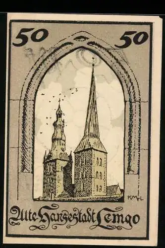 Notgeld Lemgo 1921, 50 Pfennig, Kirchturm-Motiv und Wappen, Seriennummer 013684