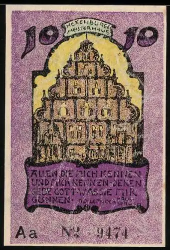 Notgeld Lemgo 1921, 10 Pfennig, Stadtansicht und dekorative Blume, Seriennummer 9471, Wappen vorhanden