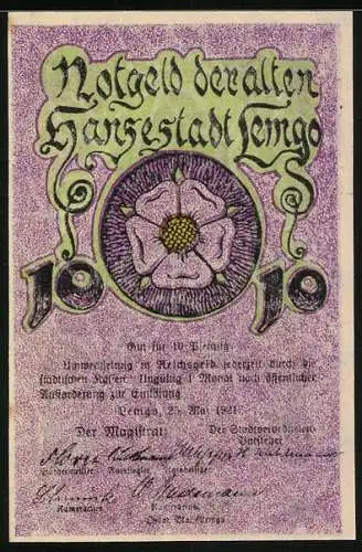 Notgeld Lemgo 1921, 10 Pfennig, Stadtansicht und dekorative Blume, Seriennummer 9471, Wappen vorhanden