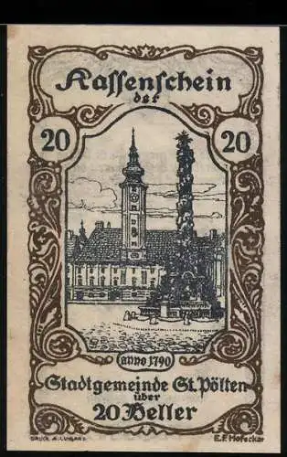 Notgeld St. Pölten 1920, 20 Heller, Stadtansicht mit Kirchturm und Säule, Wappen und Unterschriften