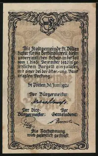 Notgeld St. Pölten 1920, 20 Heller, Stadtansicht mit Kirchturm und Säule, Wappen und Unterschriften