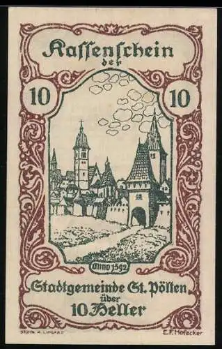 Notgeld St. Pölten 1920, 10 Heller, Stadtansicht und Text mit Wappen, Seriennummer vorhanden