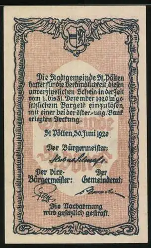 Notgeld St. Pölten 1920, 10 Heller, Stadtansicht und Text mit Wappen, Seriennummer vorhanden