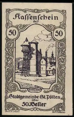 Notgeld St. Pölten 1920, 50 Heller, Industrielandschaft mit Wasserturm, Wappen oben