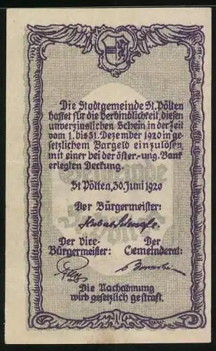 Notgeld St. Pölten 1920, 50 Heller, Industrielandschaft mit Wasserturm, Wappen oben