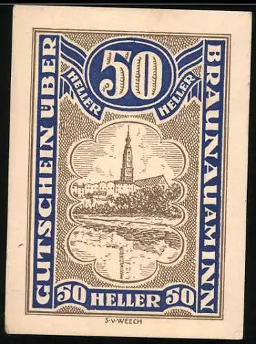 Notgeld Braunau am Inn, 50 Heller, Stadtansicht mit Kirche, Wappen