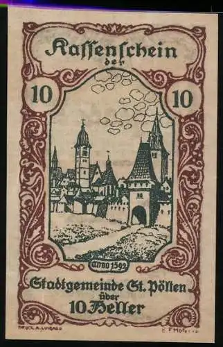 Notgeld St. Pölten 1920, 10 Heller, Stadtansicht von 1592, Wappen oben, Unterschriften unten