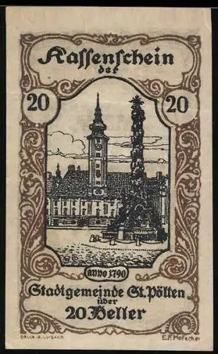 Notgeld St. Pölten 1920, 20 Heller, barocke Architektur mit Säule und Turm, Wappen und Unterschriften