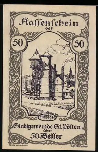 Notgeld St. Pölten 1920, 50 Heller, Fabrikansicht mit Schornsteinen und Wasserturm, Wappen und Unterschriften