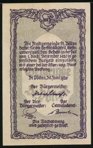 Notgeld St. Pölten 1920, 50 Heller, Fabrikansicht mit Schornsteinen und Wasserturm, Wappen und Unterschriften